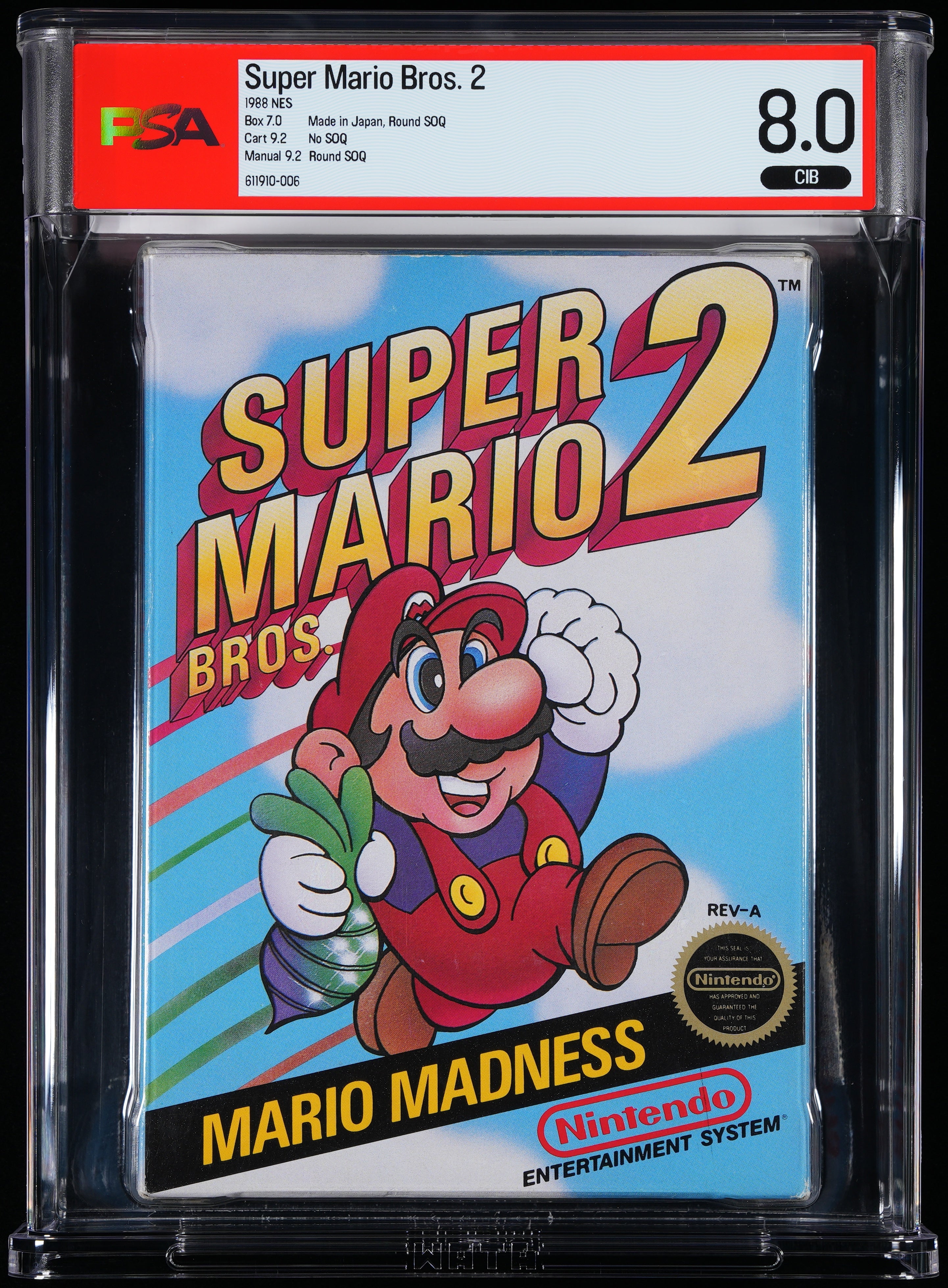 Super Mario Bros. 2 Nintendo NES Round SOQ CIB Graded WATA PSA 8.0  משחק נינטנדו - סופר מריו