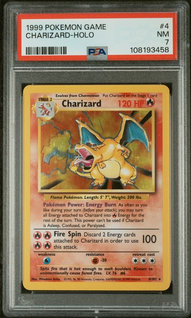 1999 POKEMON BASE SET UNLIMITED #4 CHARIZARD-HOLO PSA 7 קלף צ'ריזארד