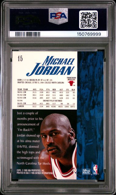 1995 Skybox Premium Career Block Total Wrong #15 Michael Jordan HOF PSA 10 קלף מייקל ג'ורדן