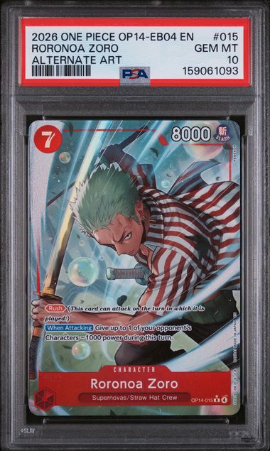 2026 One Piece OP14-EB04 EN Roronoa Zoro Alternate Art #015 PSA 10 GEM MINT