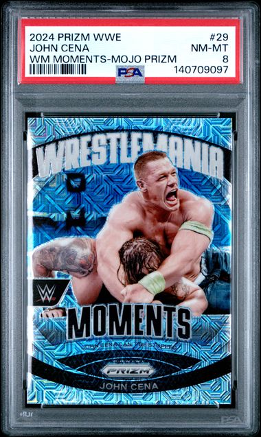 John Cena 2024 Panini Prizm WWE Wrestlemania Moments #29 WM Mojo 1/25 PSA 8 קלף ג'ון סינה
