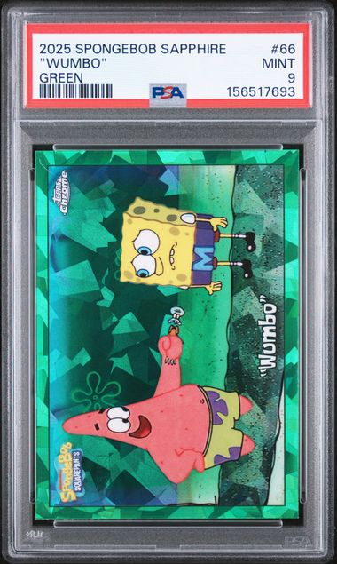 2025 Topps Chrome SpongeBob Sapphire Wumbo Green Refractor #/99 PSA 9 קלף בוב ספוג