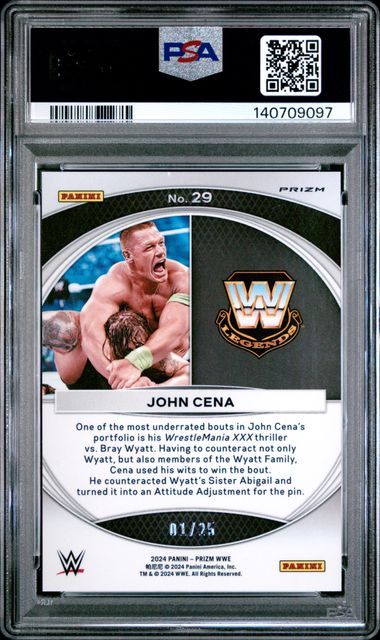John Cena 2024 Panini Prizm WWE Wrestlemania Moments #29 WM Mojo 1/25 PSA 8 קלף ג'ון סינה
