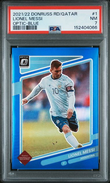 2021 PANINI DONRUSS ROAD TO QATAR OPTIC-BLUE #1 LIONEL MESSI 61/99 PSA 7 קלף מסי