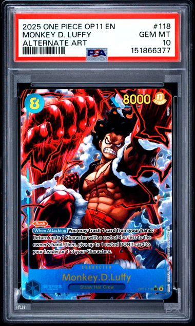 ONE PIECE MONKEY D. LUFFY 2025 OP11-A FIST OF DIVINE SPEED #118 ALT ART PSA 10