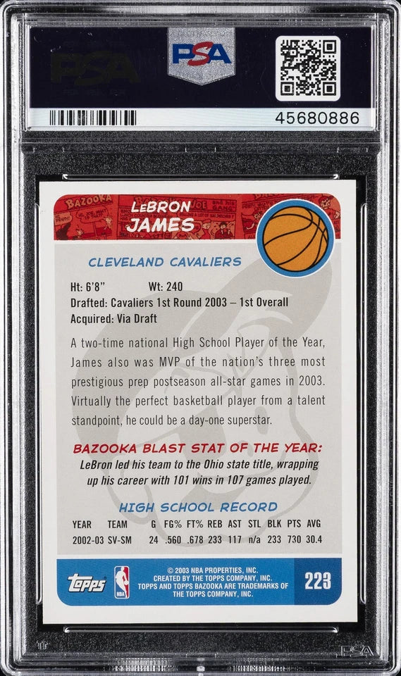 2003 BAZOOKA HOME WHITE JERSEY #223 LEBRON JAMES ROOKIE RC PSA 10 קלף לברון ג'יימס