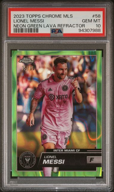 2023 Topps Chrome MLS Soccer Neon Green Lava Refractor Lionel Messi 15/99 PSA 10 קלף מסי