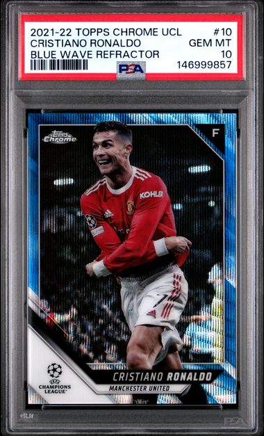Cristiano Ronaldo 2021 Topps Chrome UEFA #10 Blue Wave Refractor /75 PSA 10 קלף כריסטיאנו רונאלדו